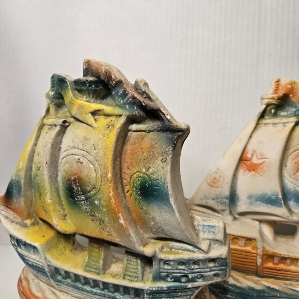 Vintage Chalkware Nautical Sailboat Bookends‎ Painted Coastal Decor Set Of 2